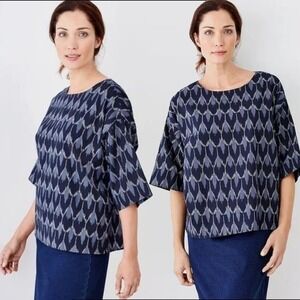 Pure Jill Blue Gray Ikat‎ Print 3/4 Sleeve Boat Neck Cotton Top Women's Size M